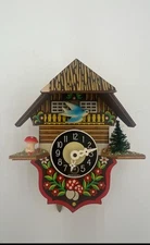 Vintage Mini Cuckoo Clock Germany Bird Mushroom Log Cabin House (No Key) FLAW