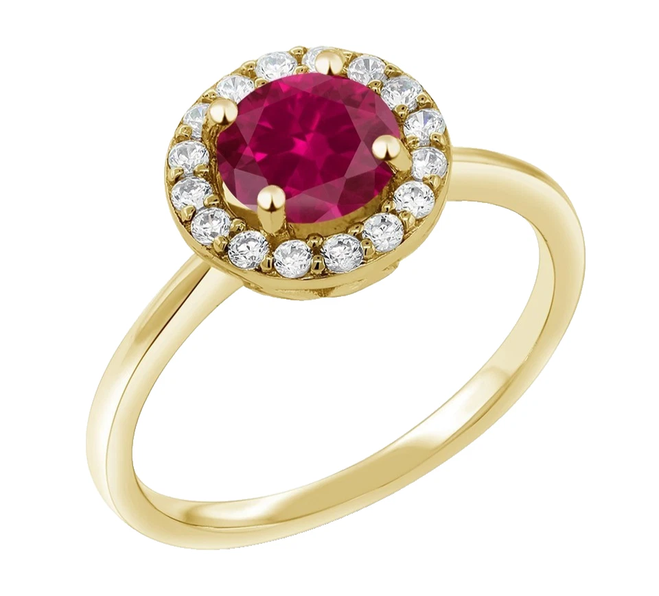 Anillo de compromiso con halo de topacio blanco y rubí creado enchapado en oro amarillo 925 Foto 3 de 4