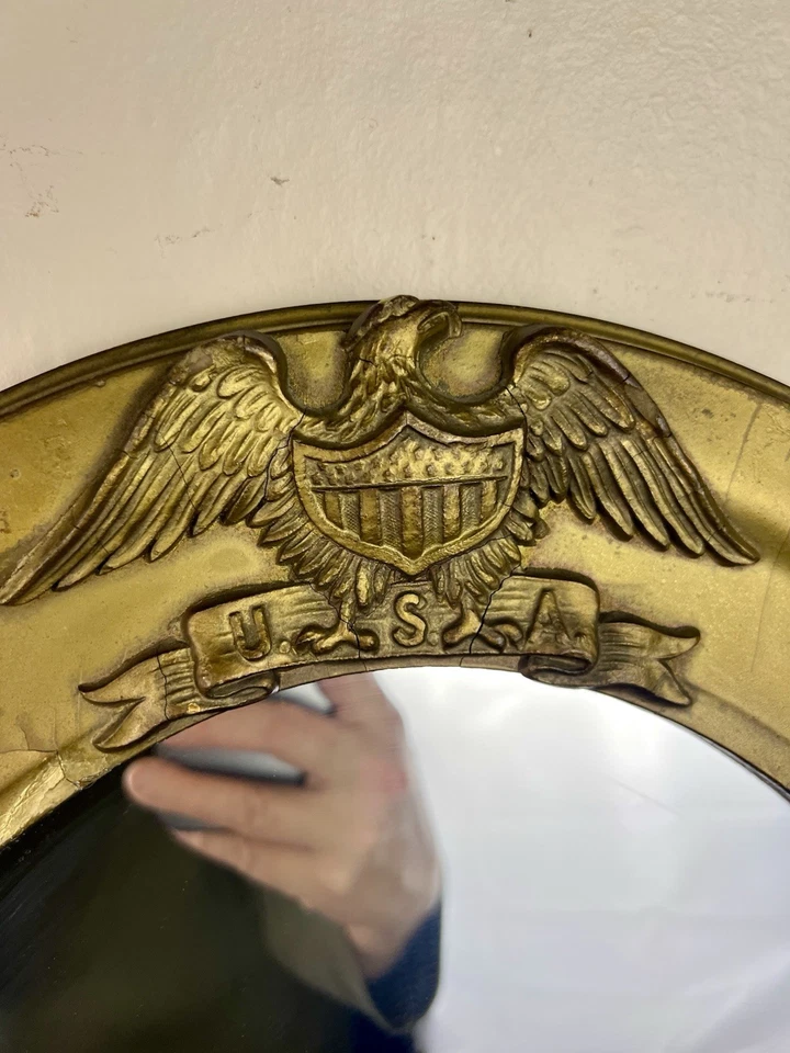 "Espejo águila calva ovalado de colección con marco de madera culpa dorada pátina patriótica EE. UU. 24 5/8""" Foto 4 de 4