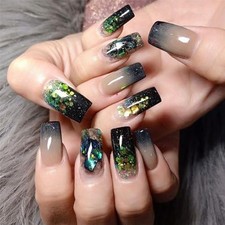 Square Press on Nails Medium Fake Nails with Designs Glitter Green Stripes