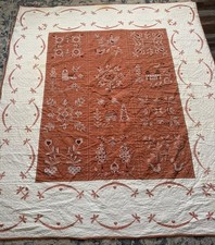 1965 Hand Quilted And Cross Stitch Folk Art Style Quilt 80x84 Inches