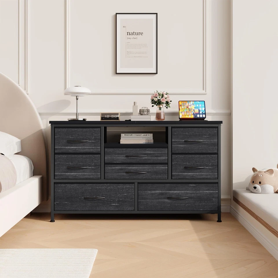 Cómoda de 8 cajones 55" soporte de TV con toma de corriente cómoda de almacenamiento negra Foto 2 de 4
