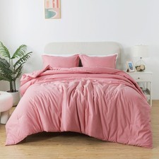 Pink Comforter Set Twin Size, Solid Blush Women Girls Down Alternative Boho