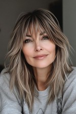 Dark Brown with Ash Blonde Highlight Wigs with Bangs Human Hair Lace Front Wigs