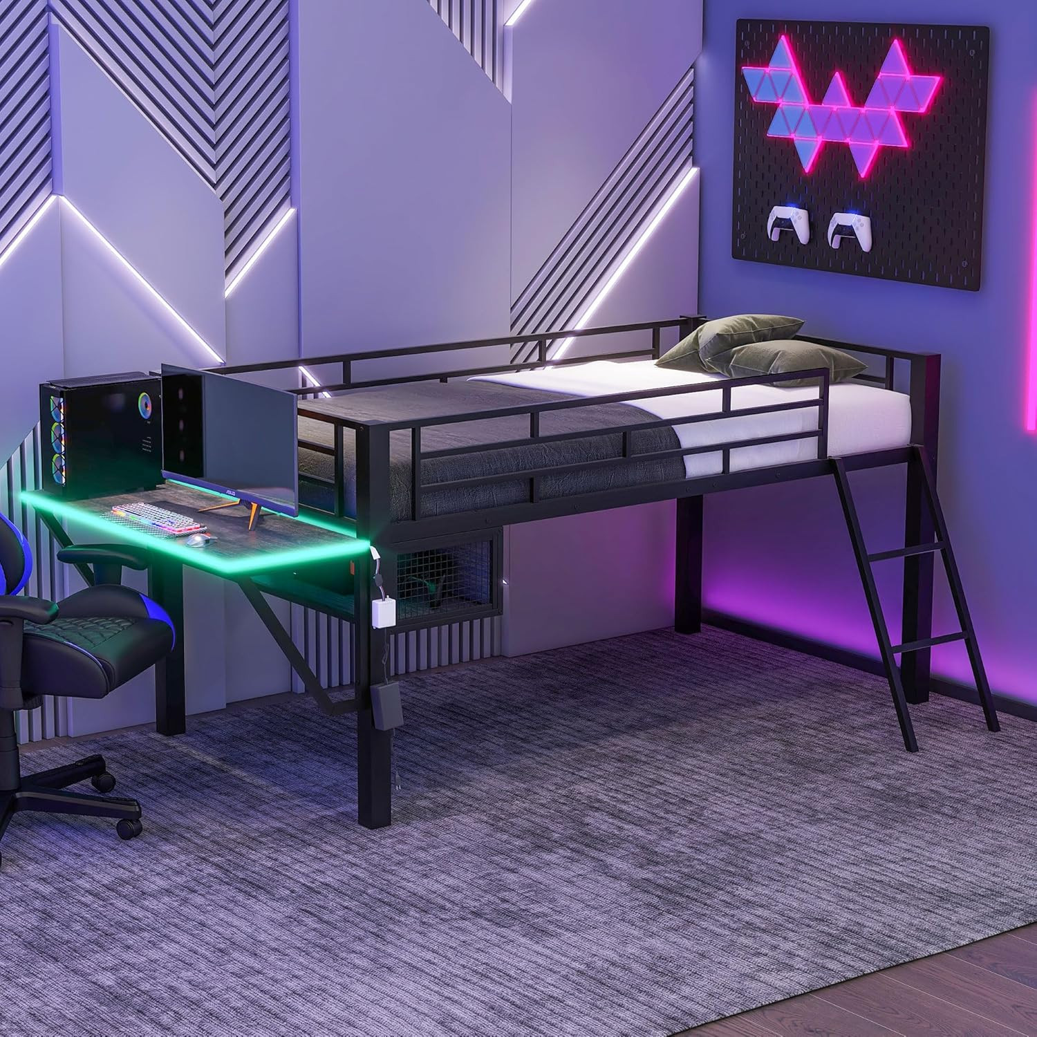 Twin Size Gaming Loft Bed with Desk & LED, Metal Frame, Easy