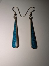 Vintage Sterling Silver Teardrop Turquoise Chip Inlay Dangle Earrings