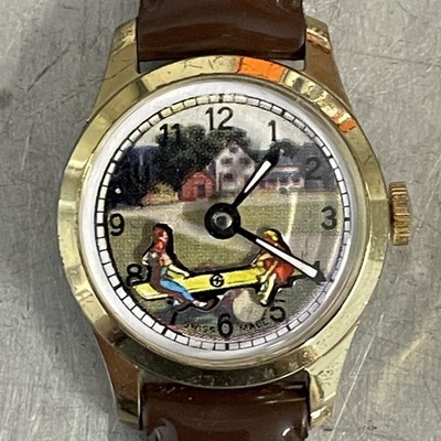 Swiss Watch With Teeter Totter Animated Runs Brown Vinyl Band Vintage