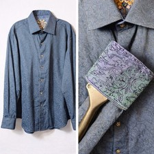 ROBERT GRAHAM Button-Up Shirt Sz XL Blue Floral Embroidered AOP Flip Cuff Artsy