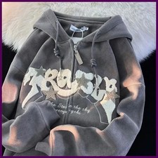 Fashion Embroidery Zip Up Hoodies Women Autumn Long Sleeve Tops Loose Hood Shirt