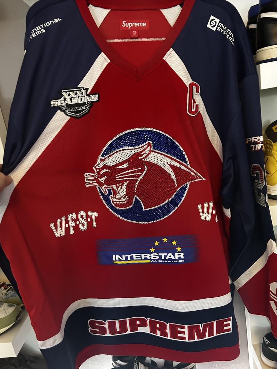 Supreme Rhinestone Hockey Jersey Red/Blue SS25 - Men's Size 2XL