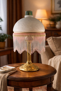Vintage Victorian Style Table Lamp Beaded Fringe Slag Glass Shade Brass Base