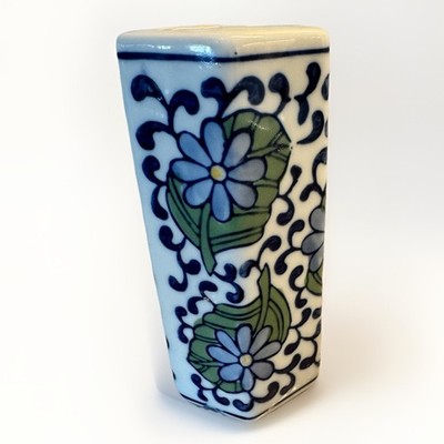 6  Heavy Blue Green Chinoiserie Hex Bud Vase  Floral Asian Porcelain