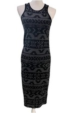 Express Aztec Print Sleeveless Bodycon Midi Dress Scoop Neck Black Gray M