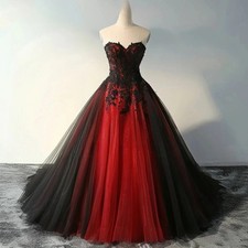 Dark Red And Black Gothic Wedding Dress Sweetheart Tulle A-Line Vintage Bridal