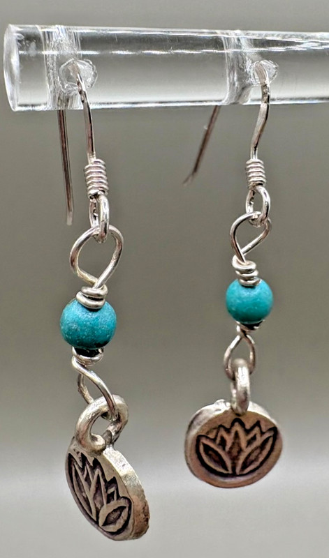 925 Sterling Silver Turquoise Bead Lotus Flower Dangle Earrings