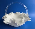 Fenton White Milk Glass Basket Clear Bamboo hdl Ruffle edge Floral Design Base