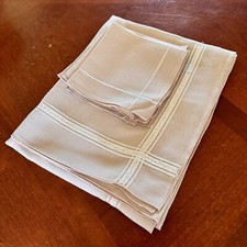 Tan Tablecloth 43  By 43   4 Matching Napkins Silver Tone Trim Table cloth