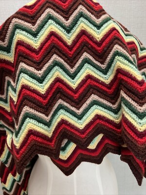 Vtg Handmade Zig Zag Chevron Groovy 70s Afghan Chair Throw Blanket 74 x46 