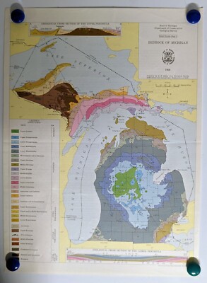 Map Geology Bedrock Michigan 11 X 15 (1968) Glaciers Ice Age Great Lakes State