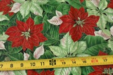 By 1/2 Yd, Large Red Green Metallic-Gold Poinsettias Quilt Cotton/Cranston,P8951