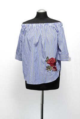 ICHI Damen Bluse M blau wei gestreift Carmen kurzarm