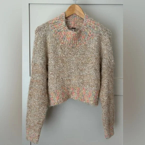 Free People Stardust Mock Turtleneck Cozy Pullover Brown Combo Size S