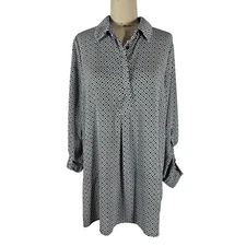 Pleione Black and White Chain Link Tunic Blouse Roll Tab Sleeve Womens L