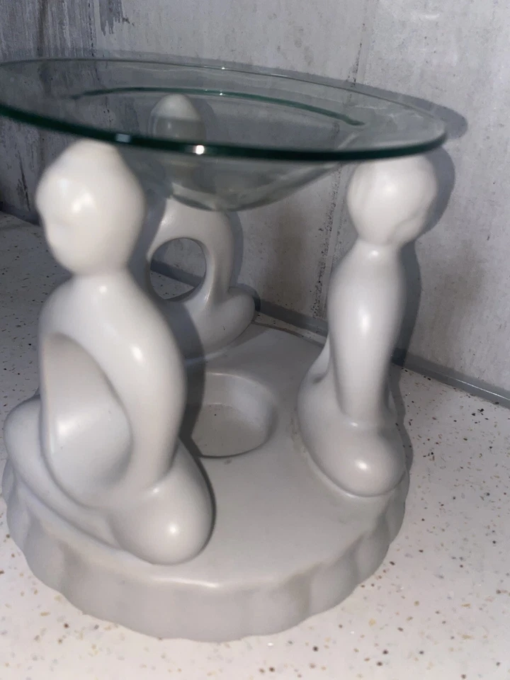 Bougie chauffe-plat céramique/verre blanche Party Lite huile cire fondue brûleur Bouddha - Photo 3/4