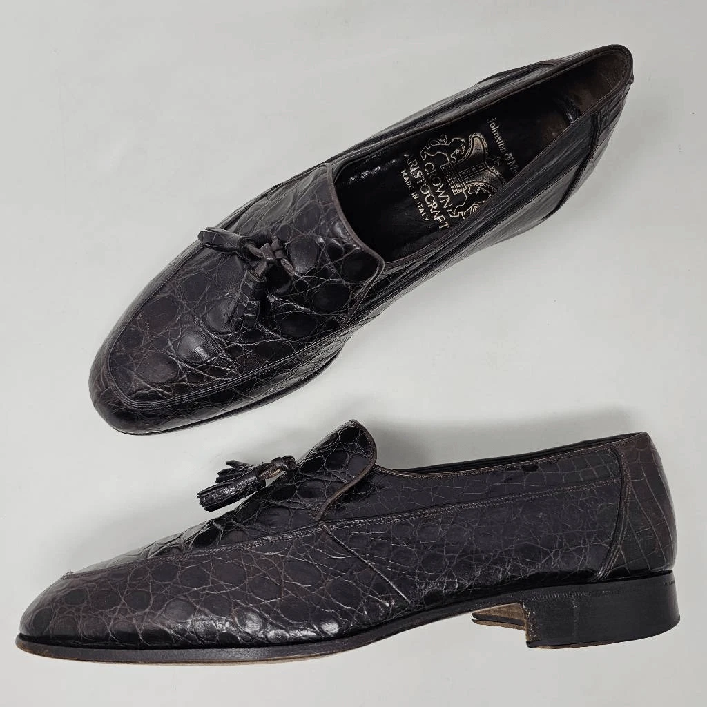 VINTAGE JOHNSTON & MURPHY CROWN ARISTOCRAFT ITALY BROWN CROCODILE LOAFER 9.5