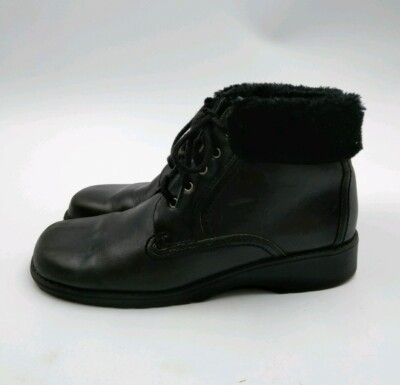 Thom McAn Ankle Boots Faux Fur Black Leather Lace Up Melody Women's Size 8.5