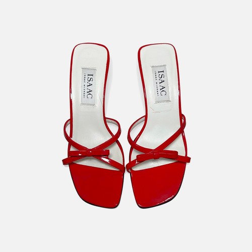 Sandalia vintage años 90 Isaac Mizrahi Italia charol rojo arco tacón gatito 5,5 B - Imagen 3 de 7
