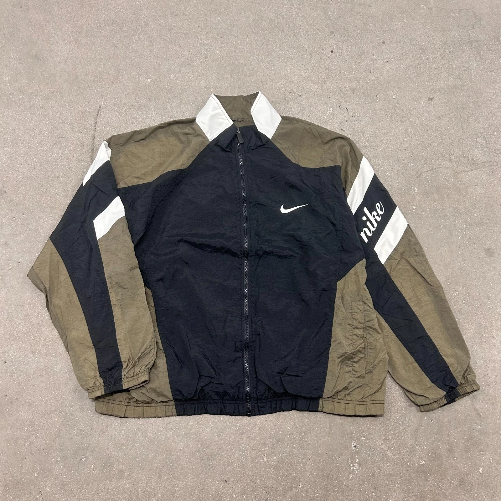 VTG 80s 90s Nike Windbreaker Jacket Mens XL Black Olive Swoosh Logo Full Zip
