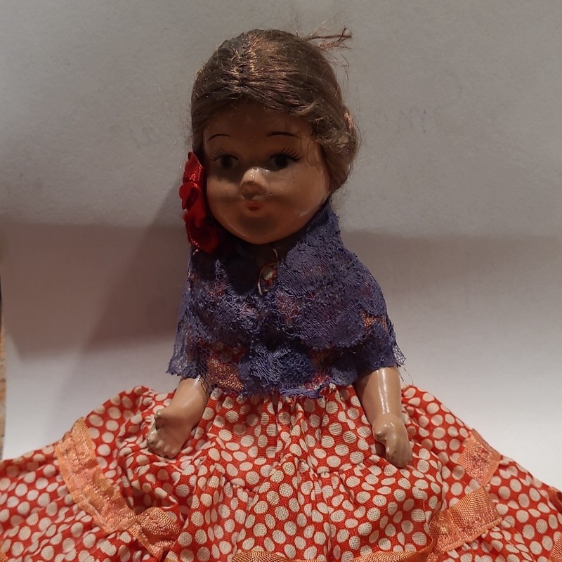 Vintage Med Complexion Brown Hair Fashion Doll in Red Polka Dot Dress Red Shoes