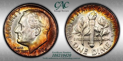 CACG MS-67 1964-D Roosevelt Silver Dime, Gorgeous, Burnt-Orange Toner!