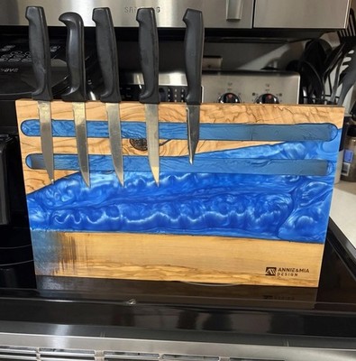 Annie & Mia Blue Epoxy Magnetic Resin Knife Holder Block Olive Wood Cutting Boar