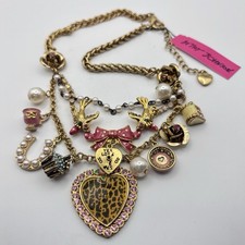 Vintage Betsey Johnson Necklace Leopard Lucite Heart Cupcake Birds Flowers 16