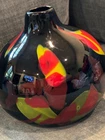 Vintage Murano Art Glass Tutti Frutti Vase Black Squat Melon Shape Red Yellow