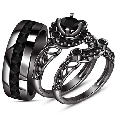 3ct Diamond Wedding 14K Black Gold Plated His/ Her Simulated Band Trio Ring Set