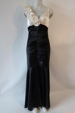 Womens XSCAPE Black, Ivory Satin Ruffle Shoulder Long Evening Dress 14