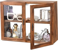 Wood  Glass Display Case W/ Double Doors Adjustable 2-Level Collection Display