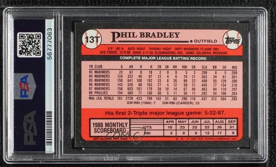 1989 Topps Traded Box Set Collector's Edition (Tiffany) Phil Bradley PSA 9 MINT - Image 2 of 2