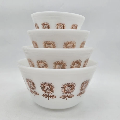 Federal Oven Ware Nesting Mixing Bowl Set Milk Glass brown sunflower vintage 4