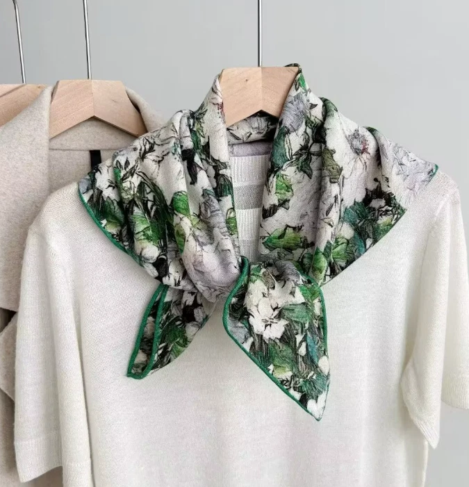 70%Cashmere 30% Silk Green peony Print Bandana Shawl Scarf 26'' Neckerchief Wrap