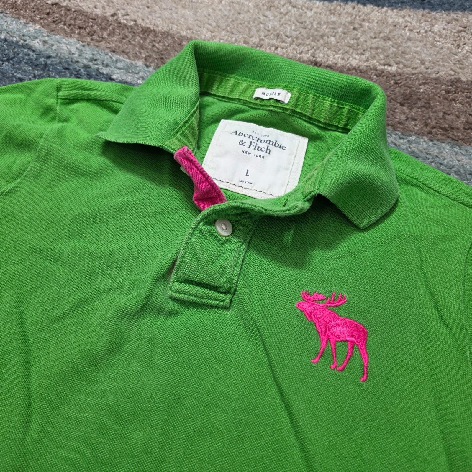 VTG Abercrombie & Fitch Womens Polo Shirt Green L Pink Big Moose Y2K