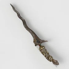 18-19th C Indonesian Kris Keris Dagger Sword W Jeweled Grip Damascus Steel Blade