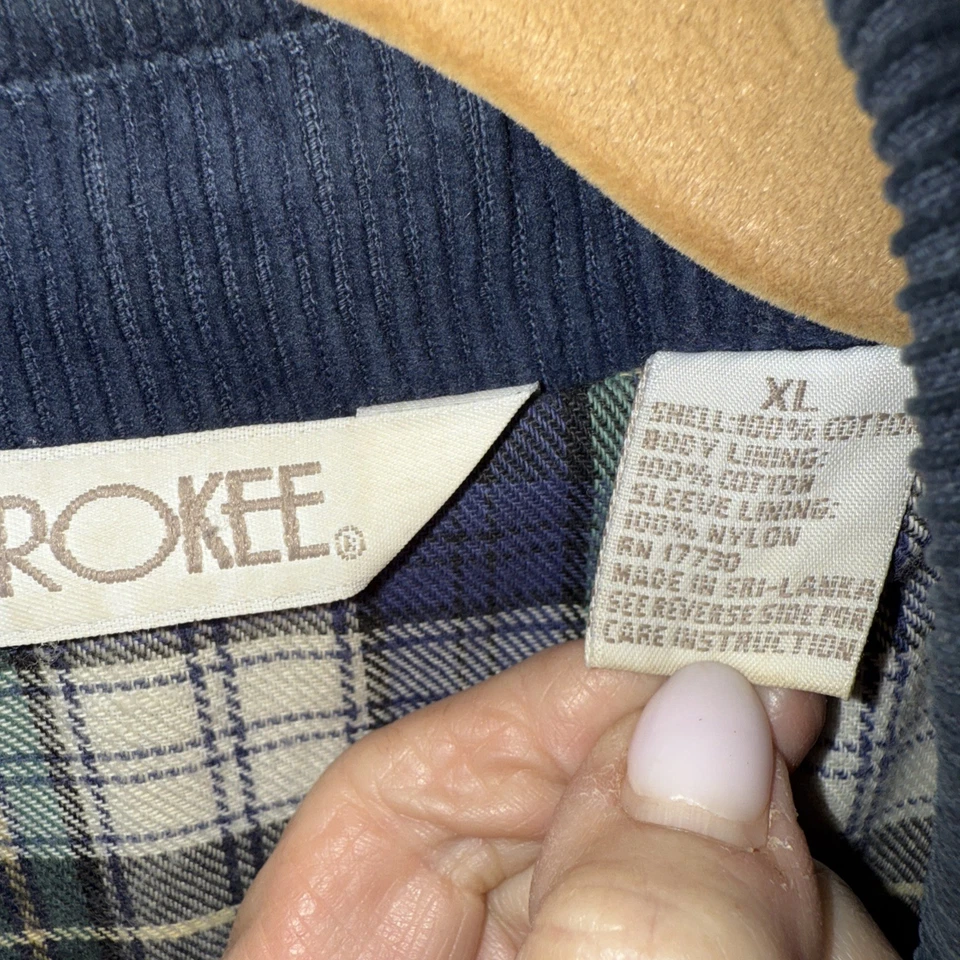 Cherokee Flannel Lined Barn Chore Coat Green XL Navy Corduroy Collar Vtg Good - Image 2 of 4