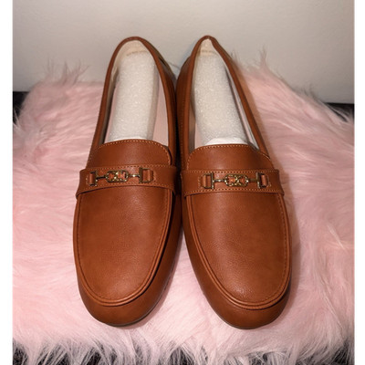 Women s Brown Faux Leather Loafer Flats Slip-On Metal Trim size 12
