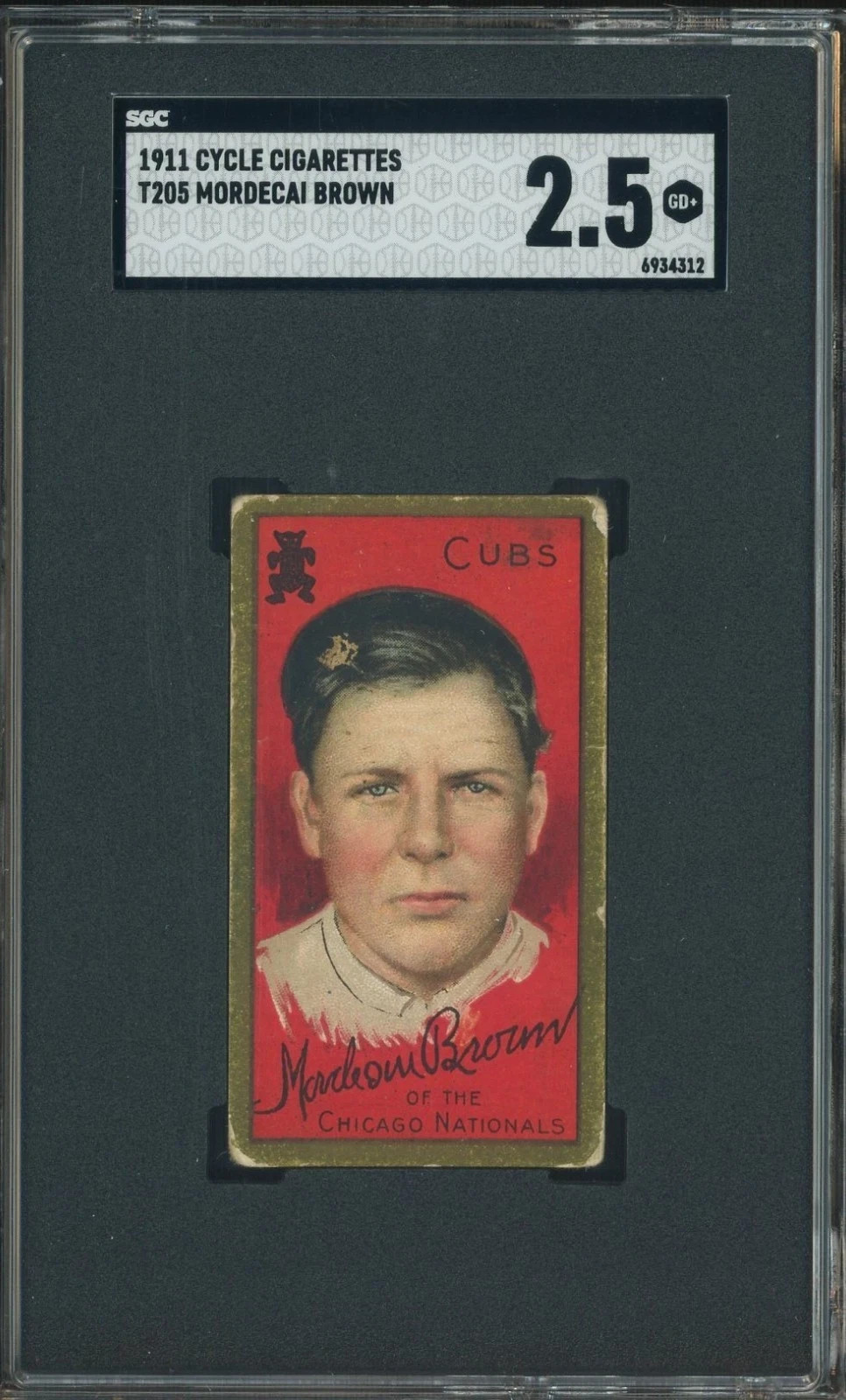 Baseball T205 Mordecai Brown HOF Cubs 1911 Cycle Cigarettes SGC 2.5 GD+