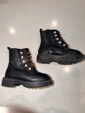 Kurt Geiger Girls Black Combat Boots Chain Pearl Accents Zip Size 10