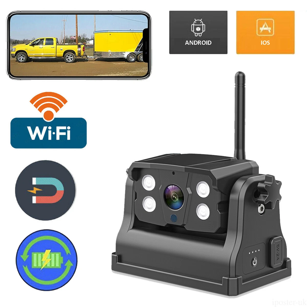 720P WiFi Magnetic Base Hitch Backup Camera Battery Powered For iPhone Android
